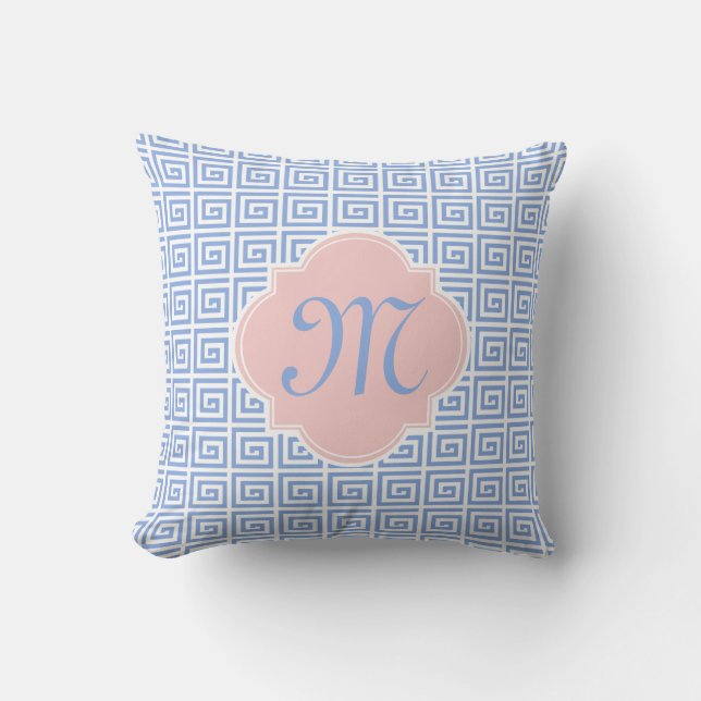 Roos Kwarts Roze Serene Blue Greek Key Quatrefoil Kussen (Voorkant)