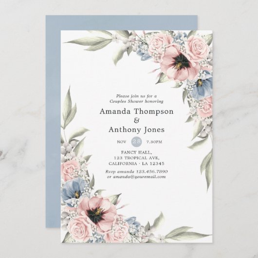 Roos Kwartz en Floral Couples Shower Kaart (Voorkant / Achterkant)