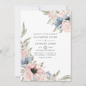 Roos Kwartz en Serenity Blue Floral Wedding Kaart (Voorkant)
