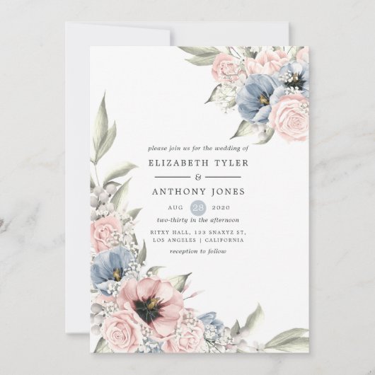 Roos Kwartz en Serenity Blue Floral Wedding Kaart (Voorkant)