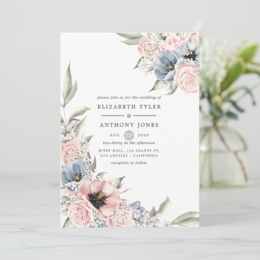 Roos Kwartz en Serenity Blue Floral Wedding Kaart (Staand voorkant)