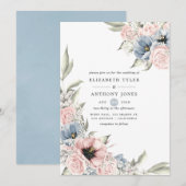 Roos Kwartz en Serenity Blue Floral Wedding Kaart (Voorkant / Achterkant)