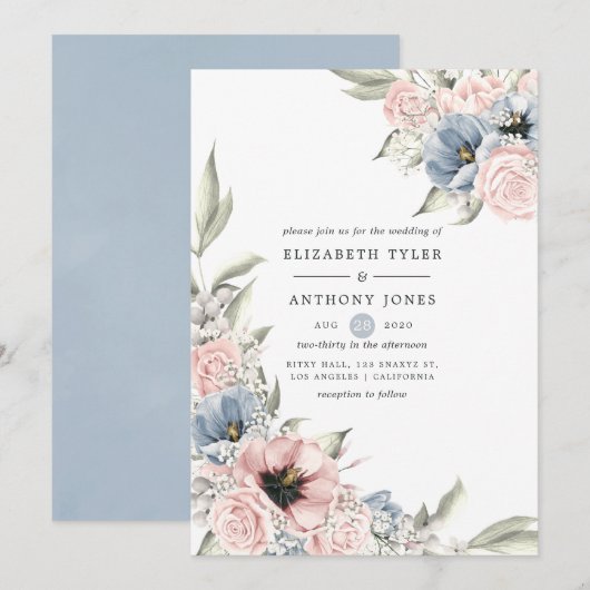 Roos Kwartz en Serenity Blue Floral Wedding Kaart (Voorkant / Achterkant)