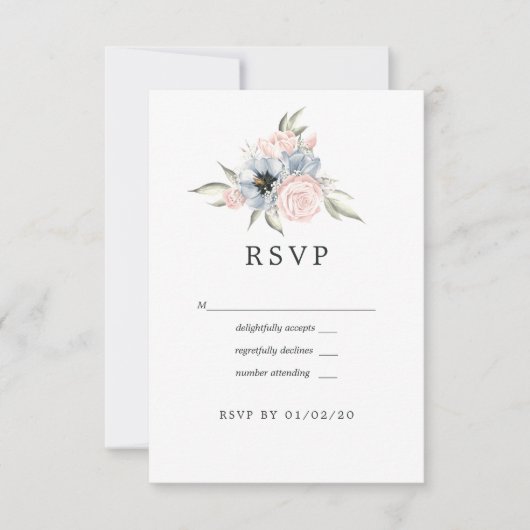 Roos Kwartz en Serenity Blue Floral Wedding RSVP Kaartje (Voorkant)