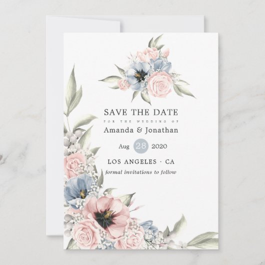 Roos Kwartz en Serenity Blue Floral Wedding Save The Date (Voorkant)
