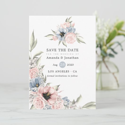 Roos Kwartz en Serenity Blue Floral Wedding Save The Date (Staand voorkant)