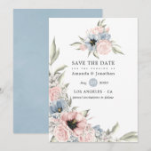 Roos Kwartz en Serenity Blue Floral Wedding Save The Date (Voorkant / Achterkant)
