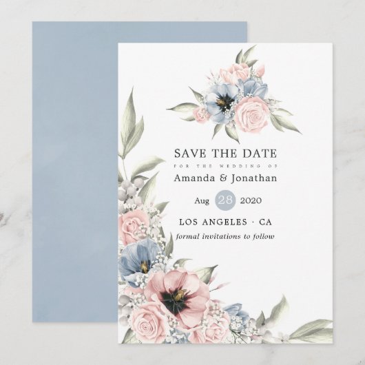 Roos Kwartz en Serenity Blue Floral Wedding Save The Date (Voorkant / Achterkant)