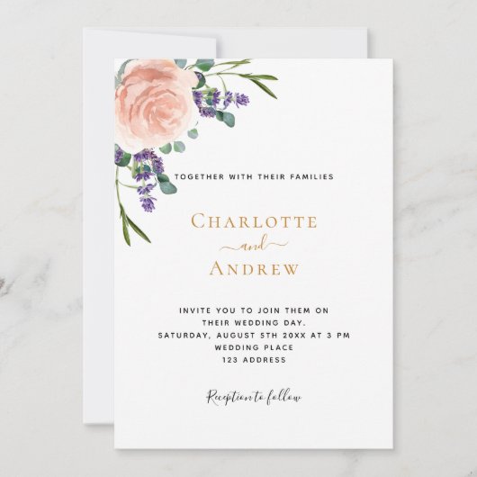 Roos lavendel bloemengroen bruiloft kaart (Voorkant)