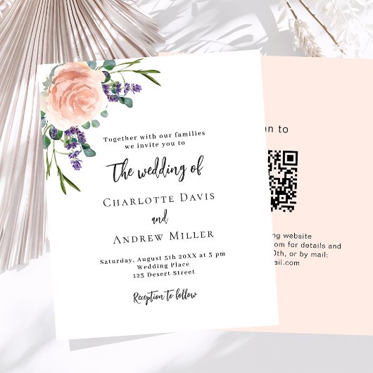 Roos lavendel florals QR RSVP bruiloft uitnodiging