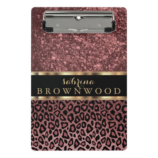 Roos Leopard Skin Patroon en Roos Glitter Mini Klembord (Voorkant)