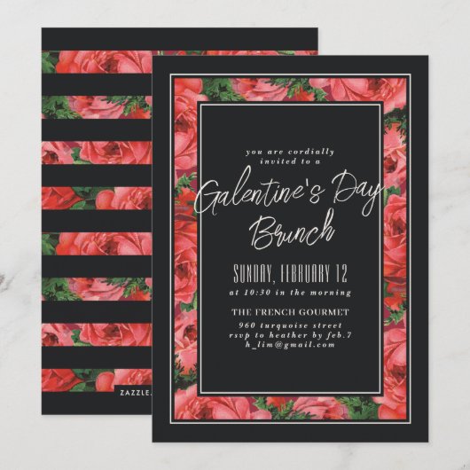 Roos Lijst Galentine's Day Invitation - Black Kaart (Voorkant / Achterkant)