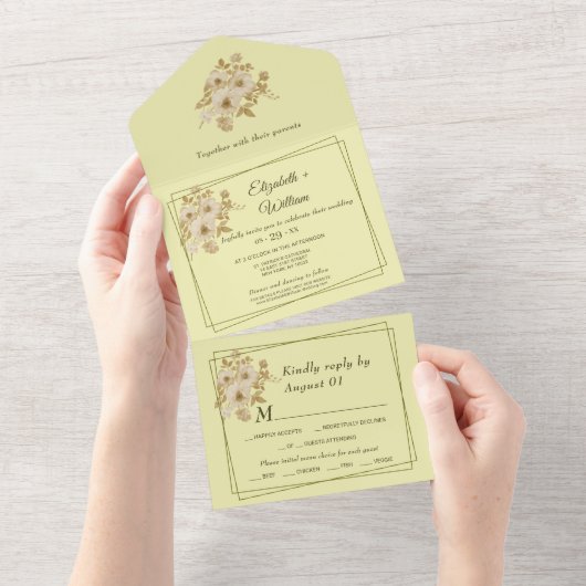 Roos Lijst – Hemelse Gele Huwelijk All In One Uitnodiging (Afscheurbaar)