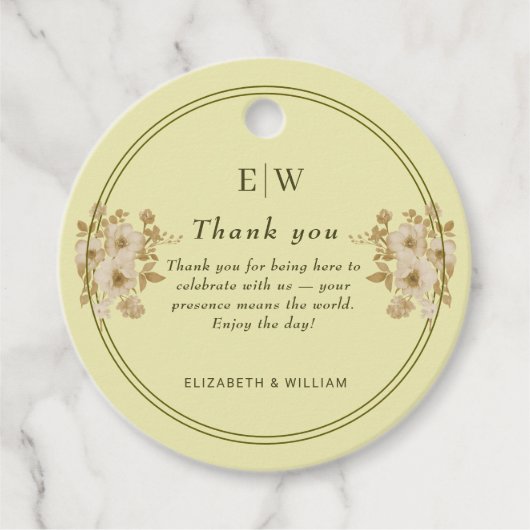 Roos Lijst - Monogram Hemelse Gele Huwelijk Bedankjes Labels (Voorkant)