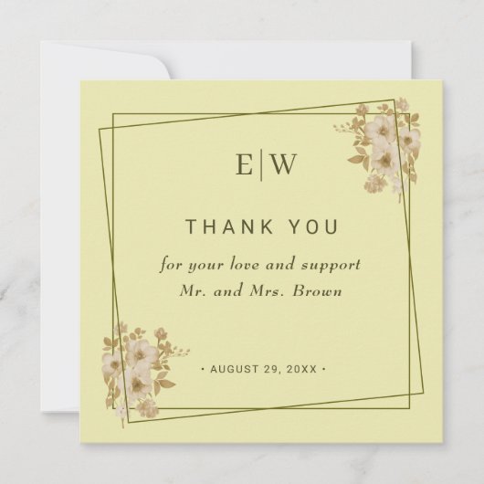 Roos Lijst - Monogram Hemelse Gele Huwelijk Bedankkaart (Voorkant)