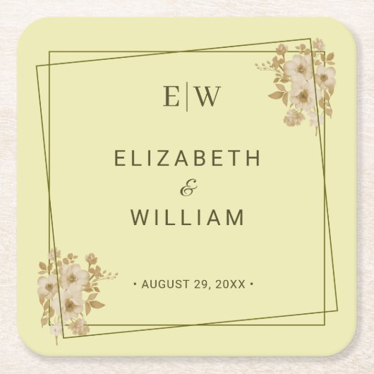 Roos Lijst - Monogram Hemelse Gele Huwelijk Kartonnen Onderzetters (Voorkant)