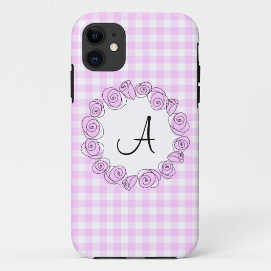Roos Lila Monogram Controleer iPhone case verticaa (Achterkant)