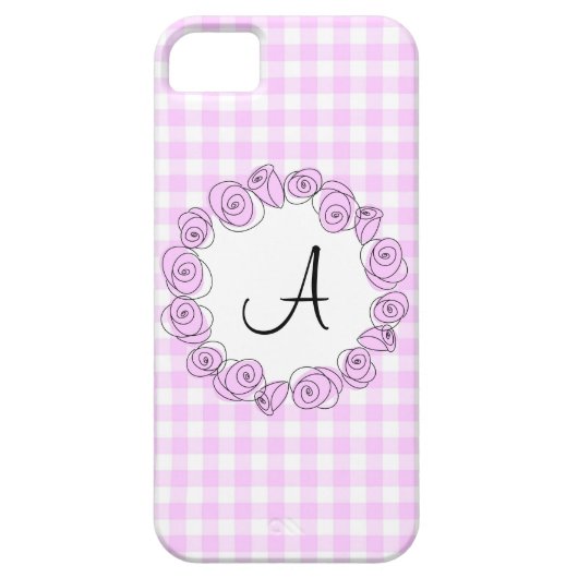 Roos Lila Monogram Controleer iPhone case verticaa (Achterkant)