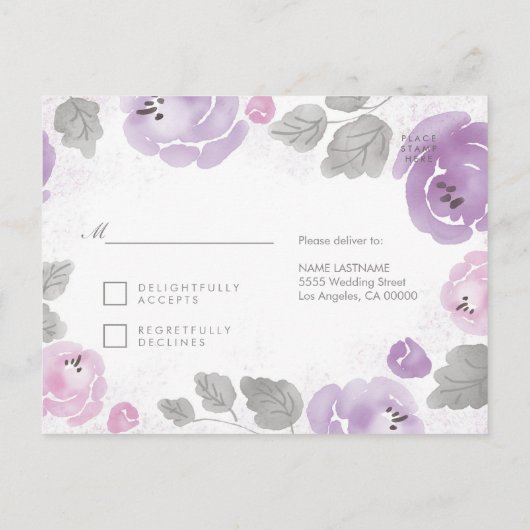 Roos lila Waterverf Respons RSVP Briefkaart (Achterkant)