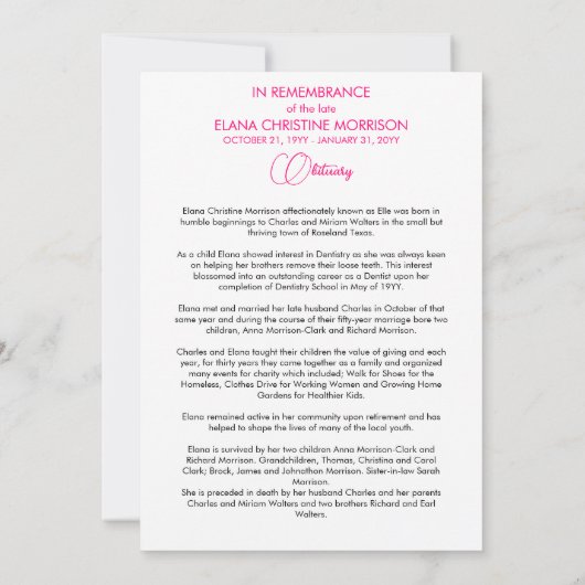 Roos Lily Pearl Pink begrafenisprogramma Aankondiging (Achterkant)