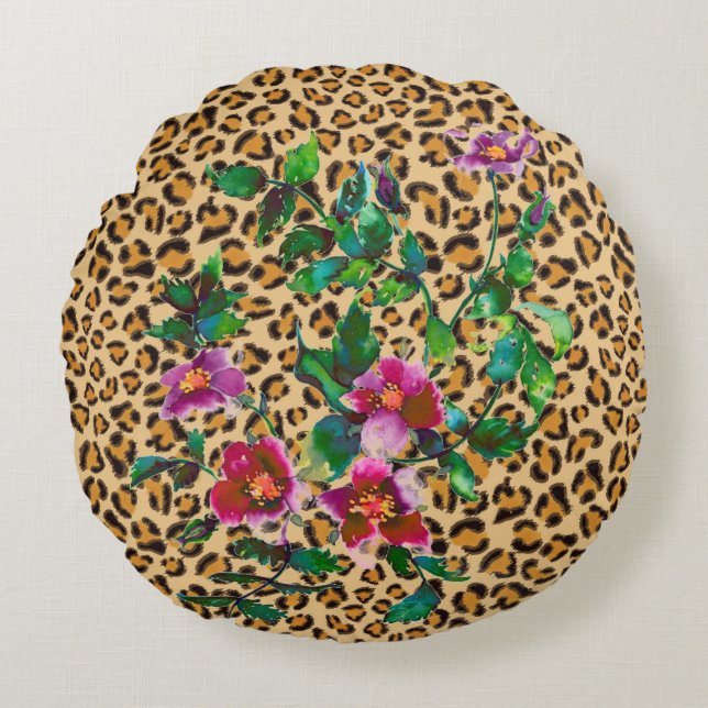  Roos - luipaard Rond Kussen (Voorkant)