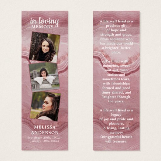 Roos Marble 3 Foto geem Funeral Prayer Bladwijzer Mini Visitekaartjes (Voorkant /achterkant)