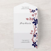 Roos, marineblauw, met bloemen bruiloft all in one uitnodiging (Buitenkant)