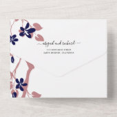 Roos, marineblauw, met bloemen bruiloft all in one uitnodiging (Achterkant)