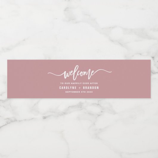 Roos Mauve Welkom Lettering Custom Wedding Waterfles Etiket (Enkel label)
