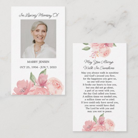 Roos Memorial Foto Begrafenisgebed Kaart Visitekaartje (Voorkant / Achterkant)