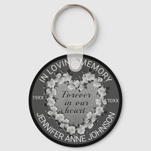 Roos Memorial Heart in Black en White Sleutelhanger (Voorkant)