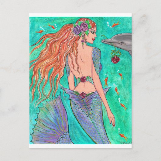 Roos Mermaid "The Gift" Dolphin Fantasy Art! Briefkaart (Voorkant)