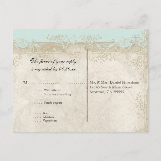 Roos met barokke stijl Aqua n Cream Lace Uitnodiging Briefkaart (Achterkant)