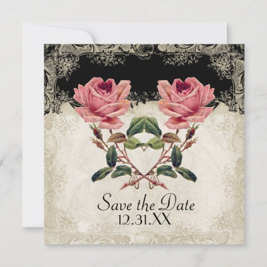  Roos met barokke stijl zwart in Cream Lace Save The Date (Voorkant)