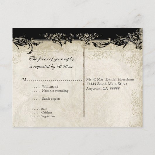  Roos met barokke stijl zwart in Cream Lace Uitnodiging Briefkaart (Achterkant)