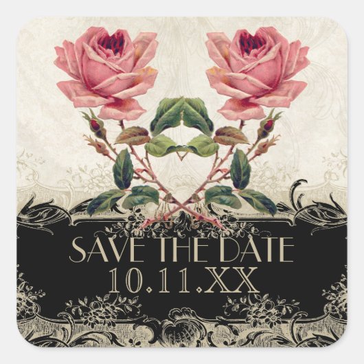  Roos met barokke stijl zwart in Cream Lace Vierkante Sticker (Voorkant)