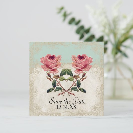 Roos met barokstijl Mint n Cream Lace Save The Date (Staand voorkant)