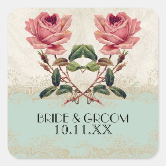  Roos met barokstijl Mint n Cream Lace Vierkante Sticker (Voorkant)