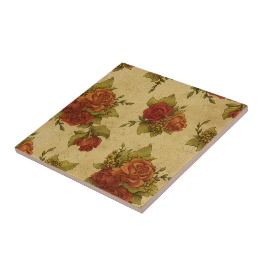 Roos met behangselpapier met rode rozen Tegeltje (Zijkant)