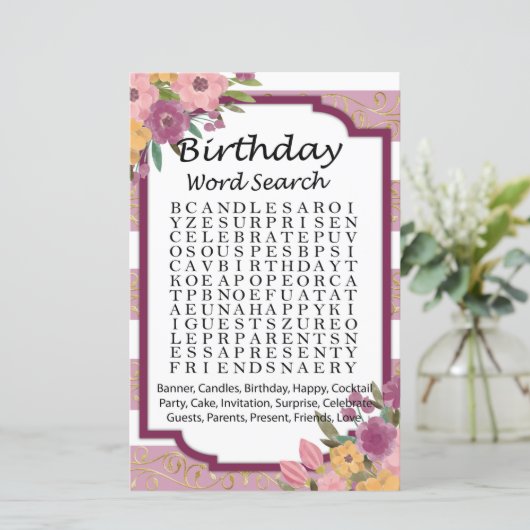 Roos met Birthday word search game striped (Staand voorkant)