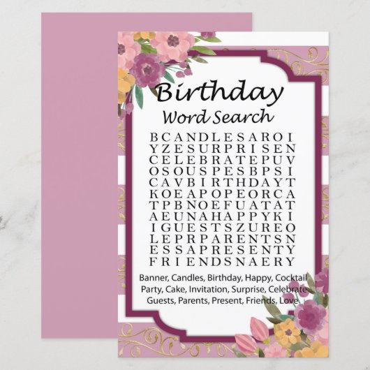 Roos met Birthday word search game striped (Voorkant / Achterkant)