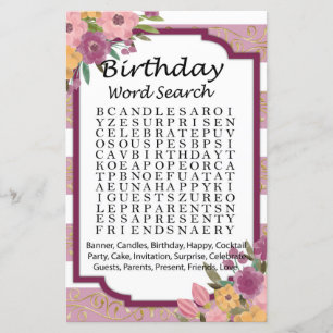 Roos met Birthday word search game striped