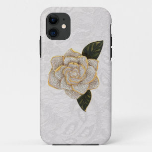 Roos met diamanten op White Paisley Lace iPhone 11 Hoesje
