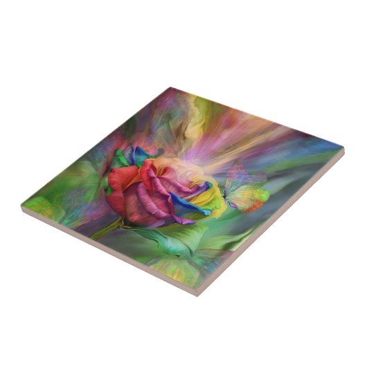 Roos met fijne kunst hellen tegeltje (Zijkant)