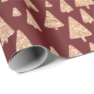 Roos met kerstbomen Gold Glitter Burgundy Maroon Cadeaupapier