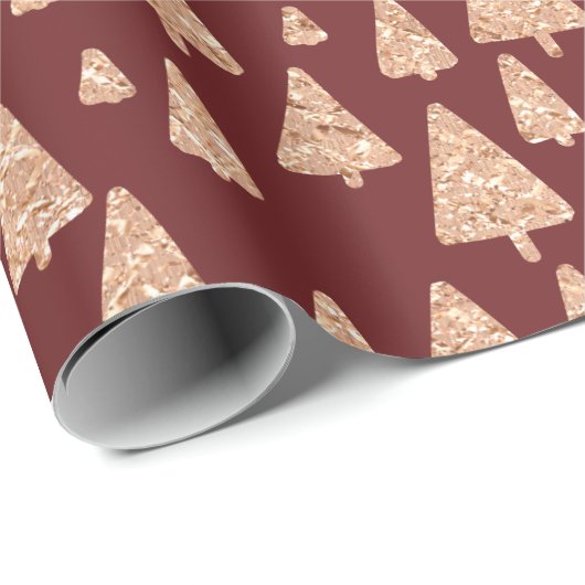 Roos met kerstbomen Gold Glitter Burgundy Maroon Cadeaupapier (Rol Hoek)