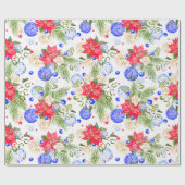 Roos met kerstinsettia en blauwe siervoorwerpen cadeaupapier (Vlak)