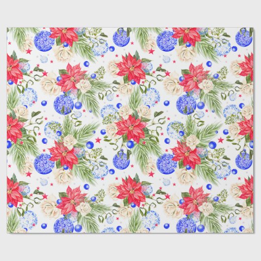 Roos met kerstinsettia en blauwe siervoorwerpen cadeaupapier (Vlak)