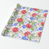 Roos met kerstinsettia en blauwe siervoorwerpen cadeaupapier (Uitgerold)