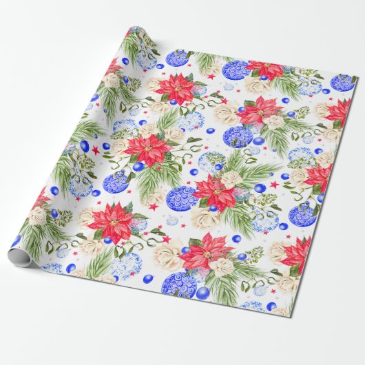 Roos met kerstinsettia en blauwe siervoorwerpen cadeaupapier (Uitgerold)